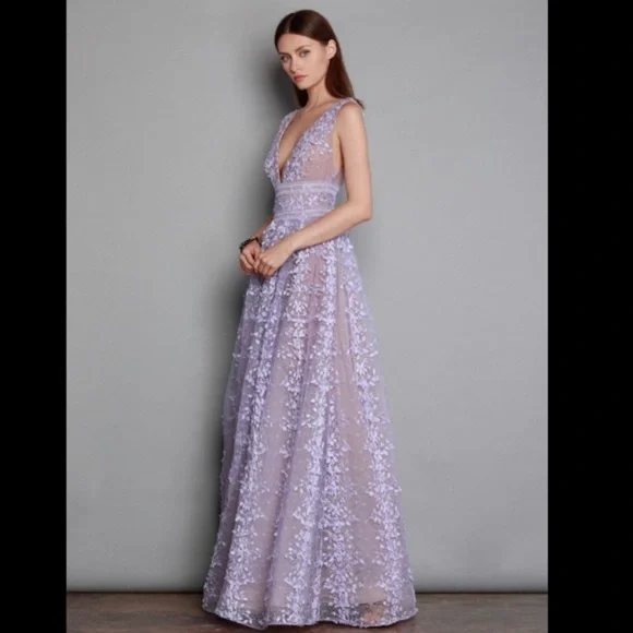 Bronx & Banco Purple Plunge Megan Floral Embroidered Lace Gown - Picture 2 of 10